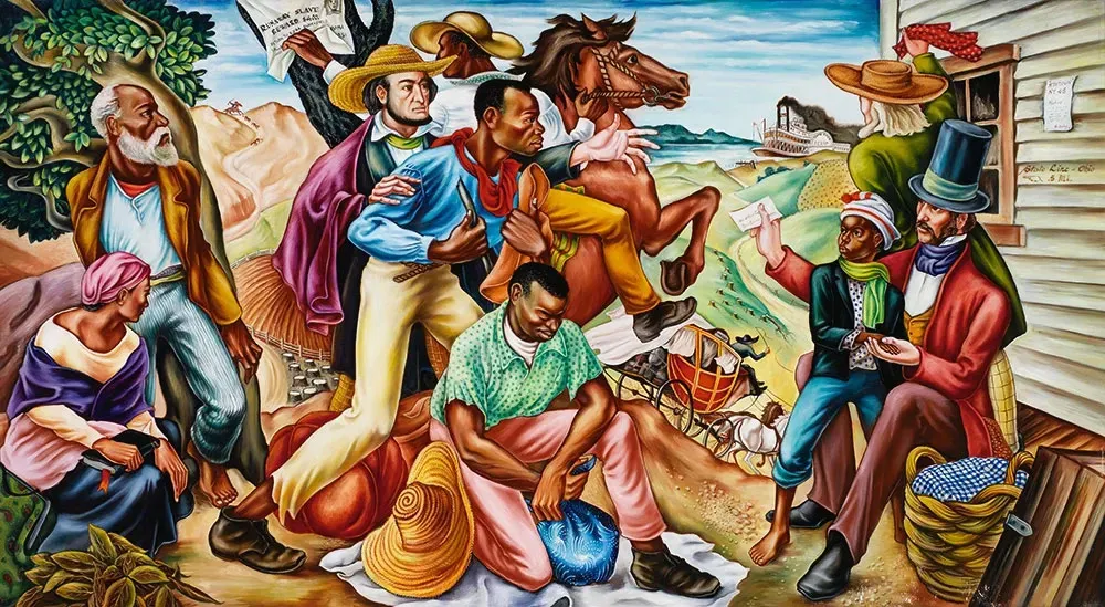 A painting depicts many people in front of a house