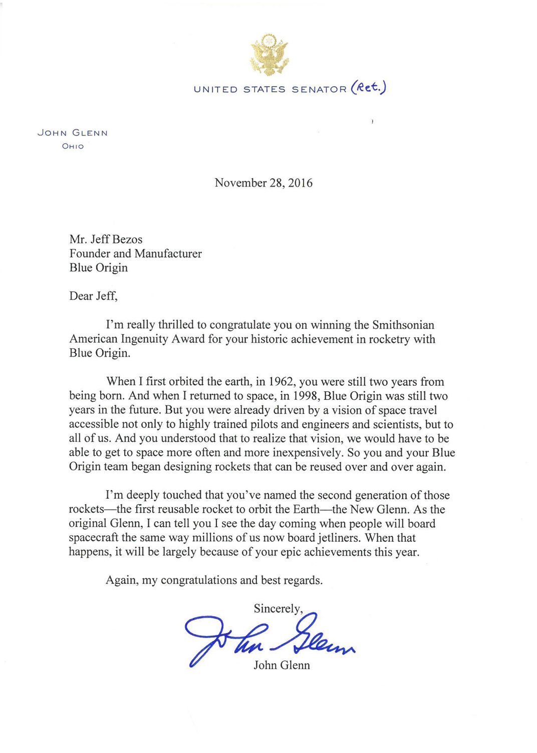 Read the Letter Written by John Glenn to Honor Jeff Bezos for Blue Origin