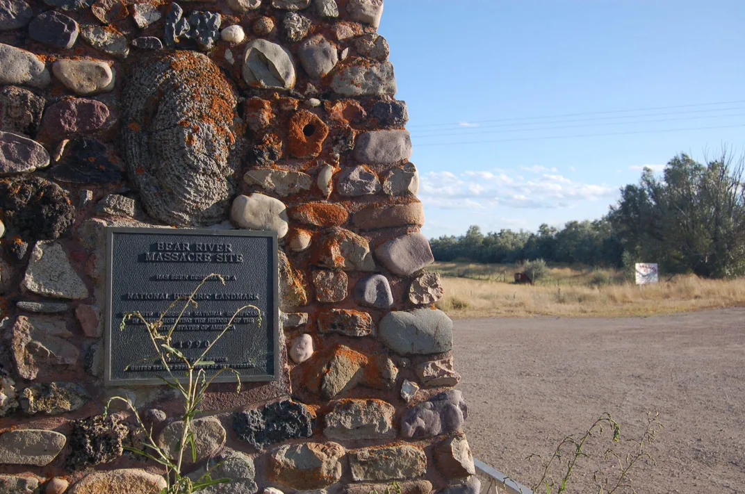 A plaque honoring the victims of the Bear River Massacre