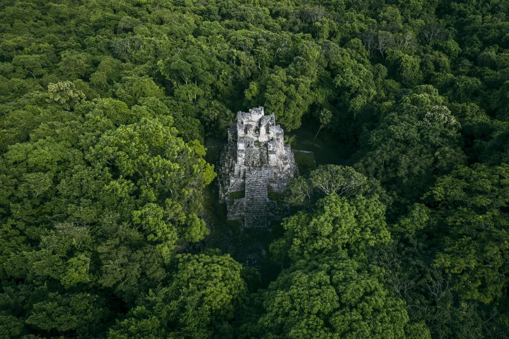 Deep in the Quintana Roo jungle, this ancient Maya temple rises above an endless canopy of green. Hidden from most visitors, the structure appears almost swallowed by time, with only the treetops hinting at a civilization that once thrived here. The untouched silence of the forest makes the ruins feel both mysterious and sacred.