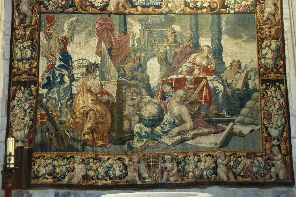 A view of a Flemish tapestry with a missing square in its lower left corner