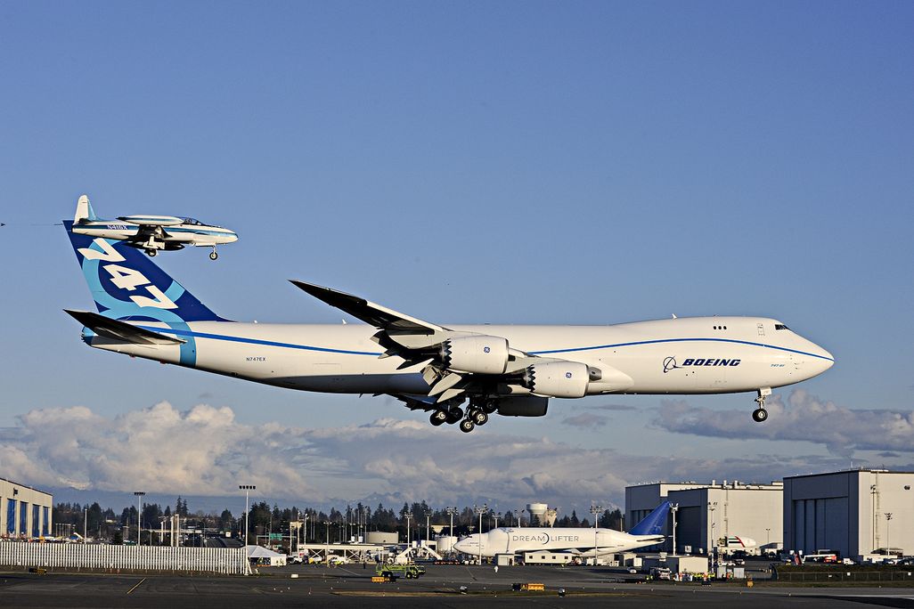 The Boeing behemoth on its first flight (with Lockheed T-33 chase plane), last February.