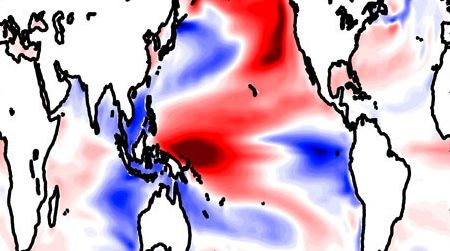 As part of the Pacific Centennial Oscillation pattern, ocean waters in certain areas become warmer and cooler as part of a century-long cycle. Red indicates warmer water; blue shows cooler.