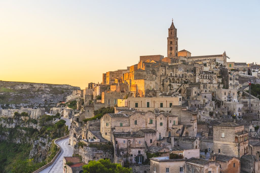 Ancient city illuminated by sunrise