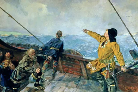 Leif Erikson pointing toward North America. Did he use a sunstone to navigate the open seas?