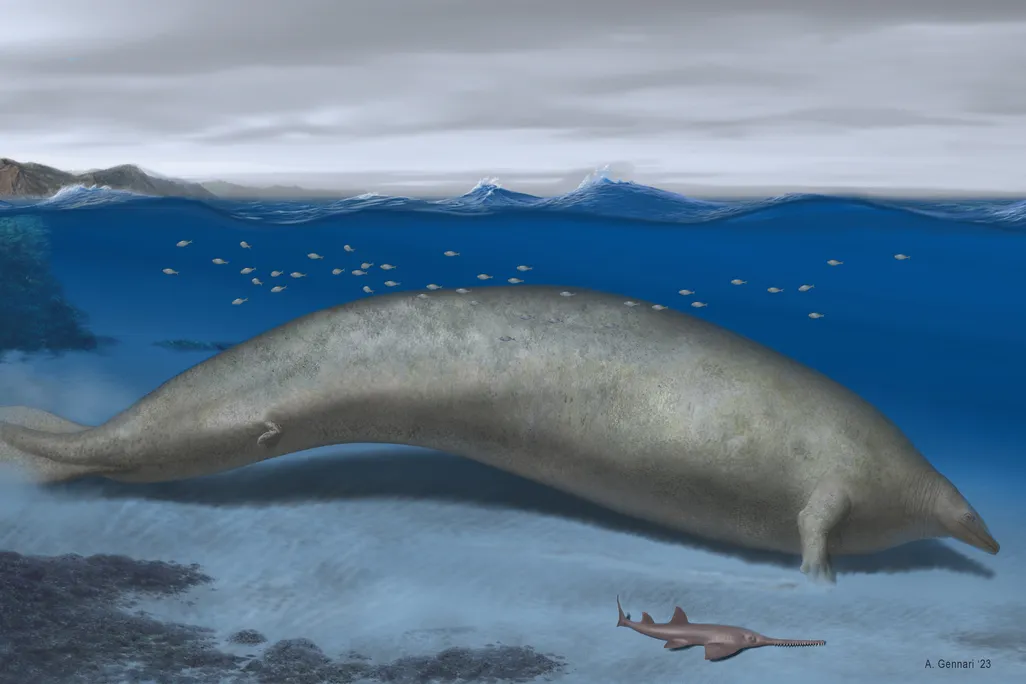 Drawing of very round, elongated whale beneath the waves, next to a much smaller swimming creature