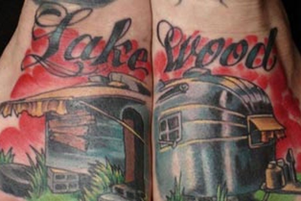 A tattoo of the word Lakewood on Damon Conklins feet