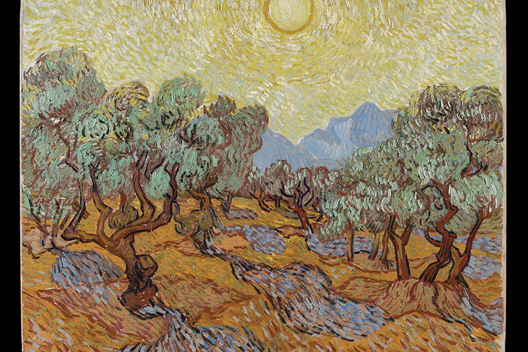 an oil painting of olive trees with yellow sky