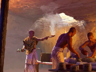 An artistic illustration of Egyptian embalmers in the underground embalming workshop at Saqqara