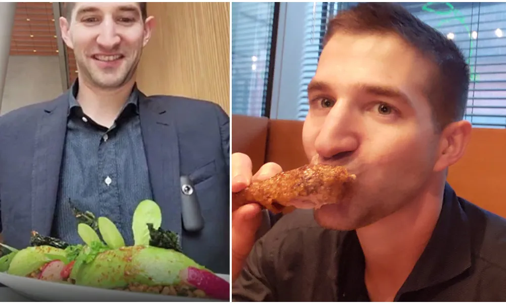 Split image of man eating in restaurants