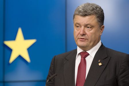 Ukrainian President Petro Poroshenko talks to the media after this morning's EU meeting in Brussels, Belgium.