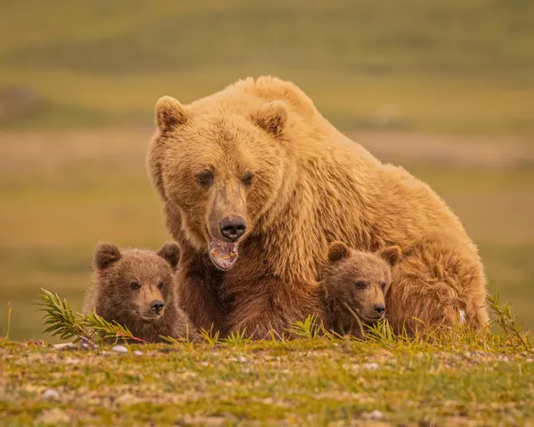 Grizzly Mommy With Adorable Twin Cubs thumbnail