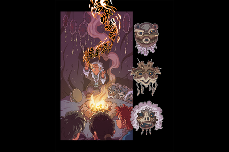 This illustrated page from comic book Chickaloonies: First Frost shows the Grandma character seated by a fire telling a story to three children seated in the foreground.