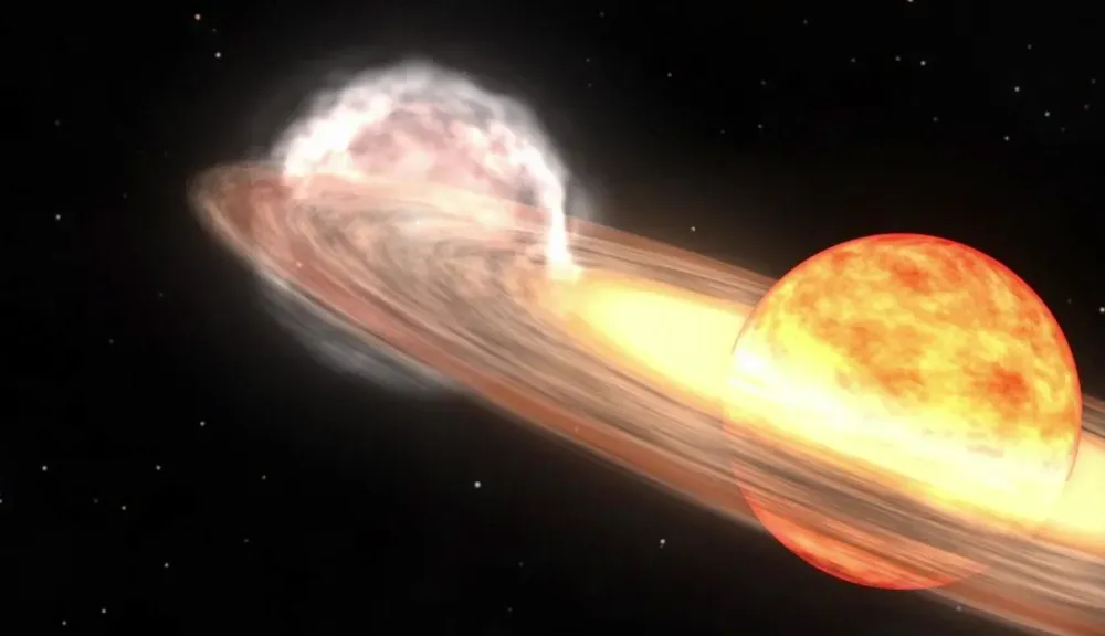 Nova event showing a white dwarf around a red giant