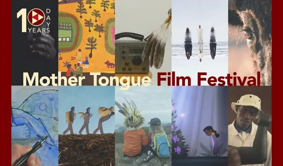A five by two grid showing ten images from ten movies that will be showcased at the festival. In the top left corner, the Mother Tongue Film Festival logo boasts red and cream colors.