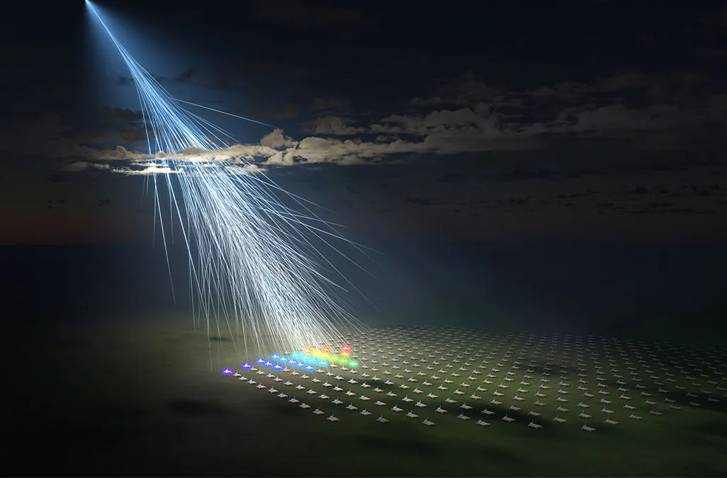 An artist's rendition of particles showering down on Earth