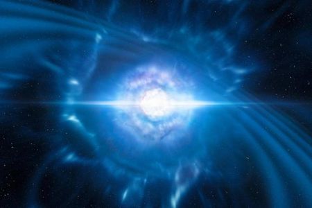An artist's impression shows two tiny but very dense neutron stars at the point at which they merge and explode as a kilonova.