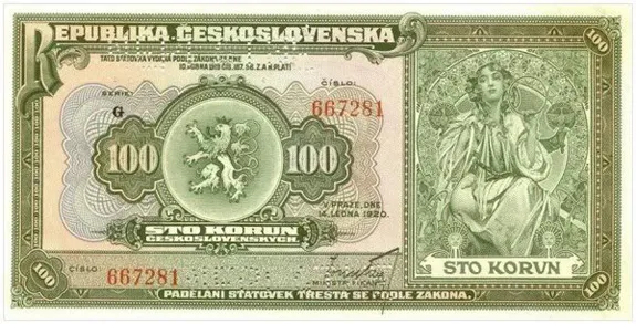 Czechoslovakia’s first 100 korun denomination, designed by Mucha