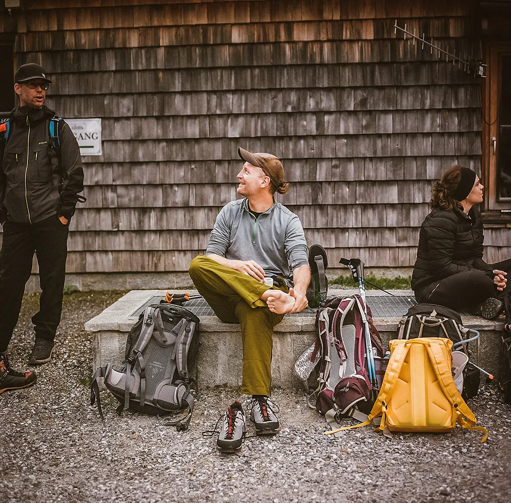 Hikers preparing the morning of the hike at the Krimmler Tauernhaus.