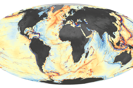 A map of gravity variations on the Earth's seafloor, which mostly correspond to underwater ridges and the edges of Earth's tectonic plates.