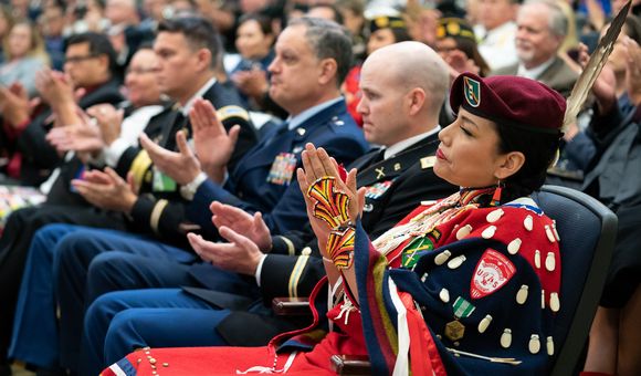 Chief Warrant Office Two Misty Dawn Lakota (Oglala Lakota) takes part in the White House Conference on Supporting Contemporary Native American Veterans. Washington, D.C., November 19, 2019. (White House photo by Andrea Hanks)
