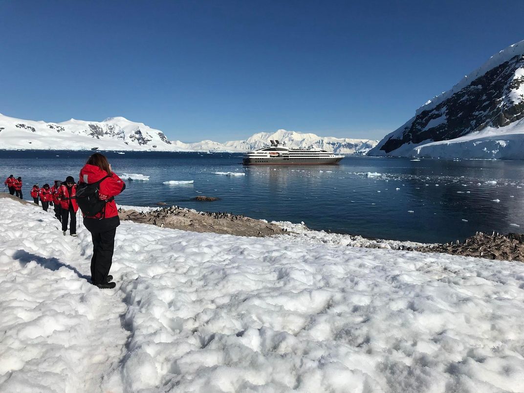 Looking out at Le Boréal from an iceberg. Credit: Katryn Wiese