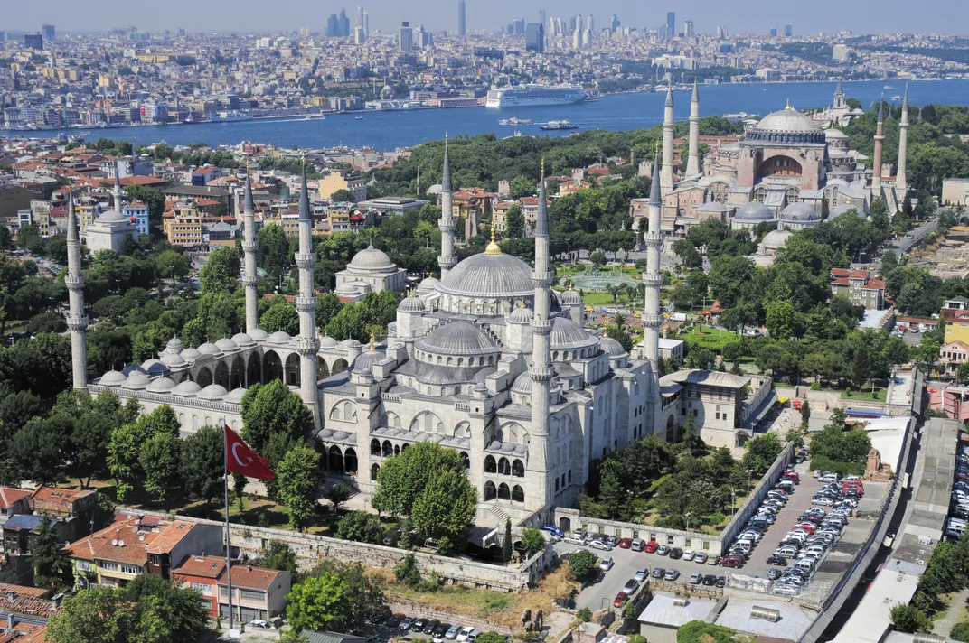 Aerial view of Istanbul with the Blue Mosque and Hagia Sophia