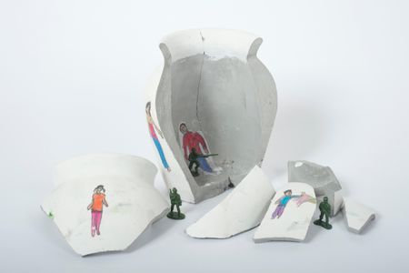 "My Family Is Lost," created by a teenage refugee, is on display at London's Oxo Tower. 