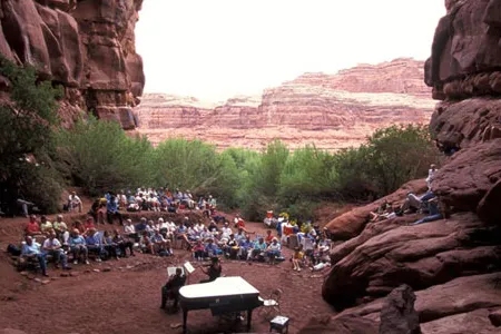 The view from the back of the grotto looking toward the Colorado River during a Moab Music Festival concert