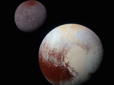 This composite image features Pluto and its largest moon Charon in enhanced color.