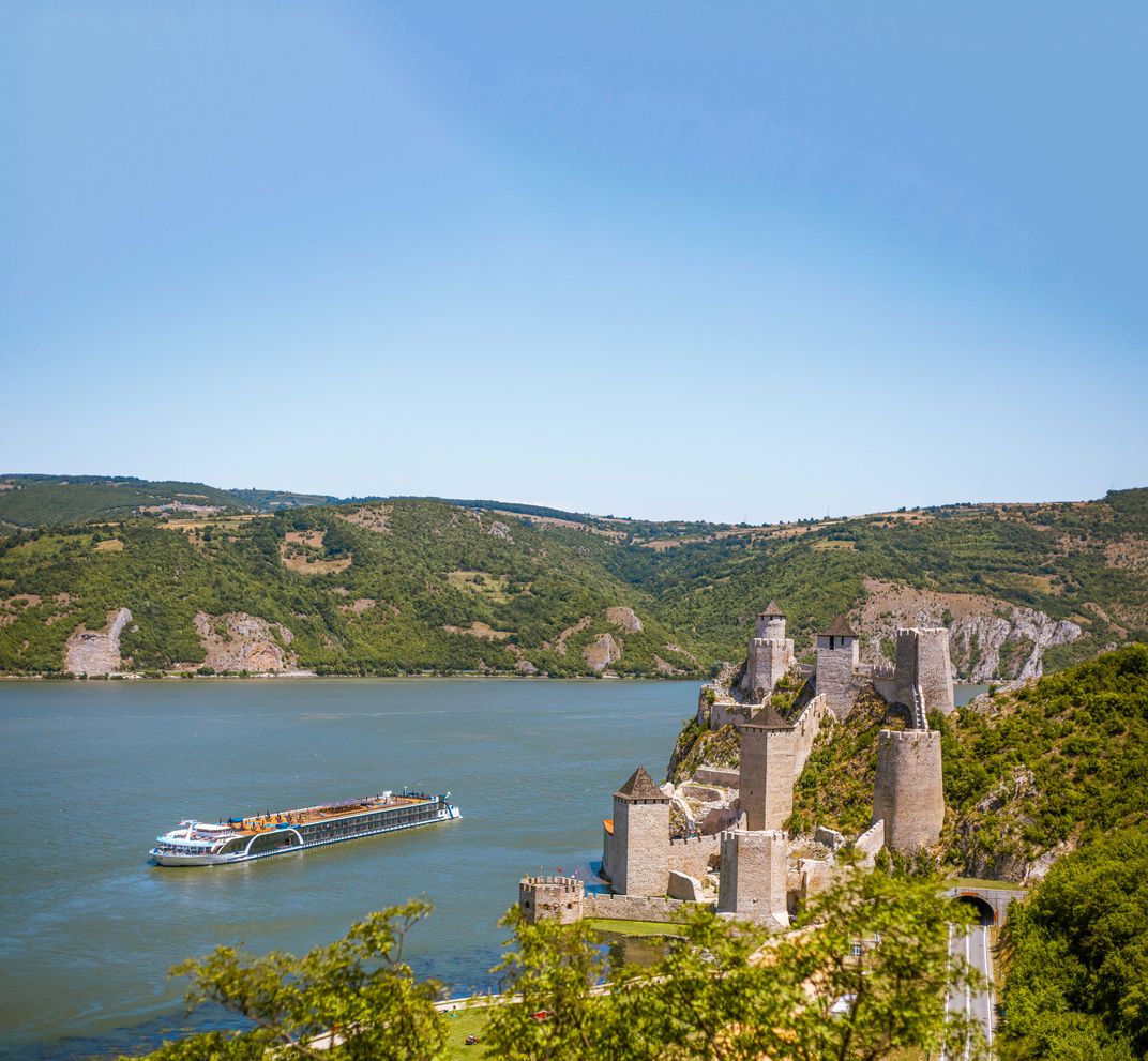 AMA Waterways ship passing Golubac Fortress on the Danube. Credit: AMA Waterways