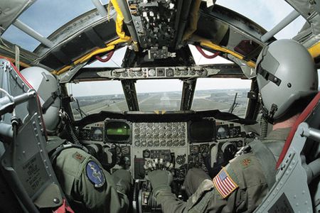 Tinker Air Force Base photo by Margo Wright

10Flight Test Squadron members, Maj. Tim Hines, left, and Maj. Cary Montgomery bring a B-52 back to base after a functional test flight.  The crew will then fly the aircraft back to its home station.