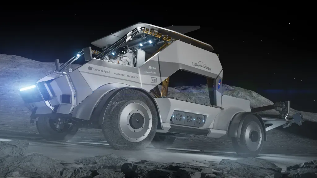 An artist's concept of Lunar Outpost's Lunar Dawn moon buggy design, being driven on the moon by a fully suited astronaut.