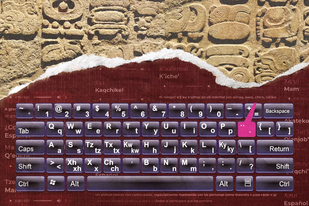 An illustration of a Mayan language universal keyboard in front of Mayan glyphs