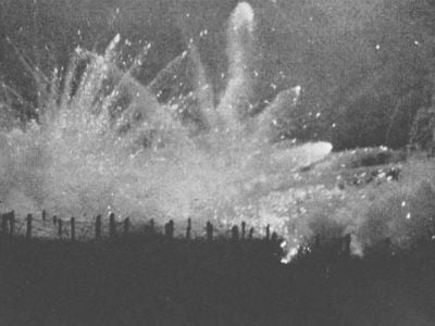 A nighttime German barrage on Allied trenches at Ypres