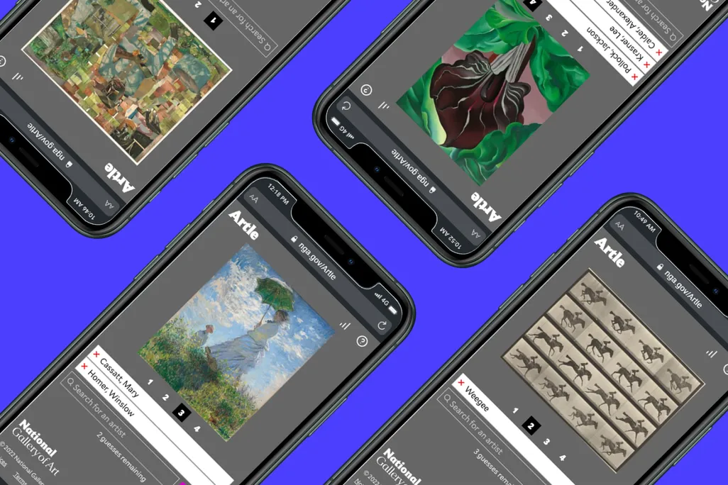 Multiple phones with images of artworks and text