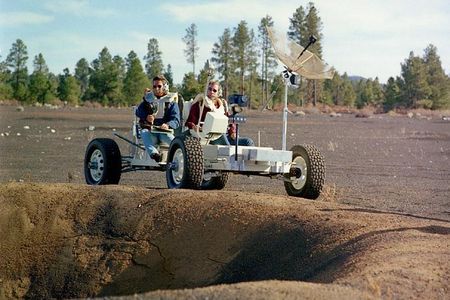 Members of the Apollo 15 crew training at Cinder Lake.
