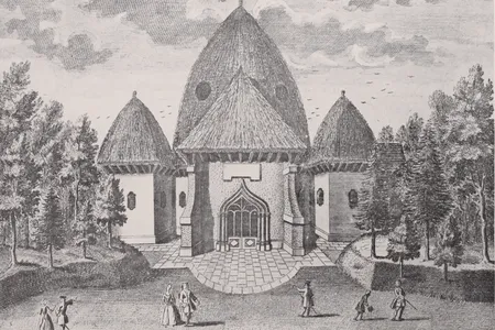 An illustration of Merlin's Cave, an attraction commissioned by Queen Caroline of Brandenburg-Ansbach