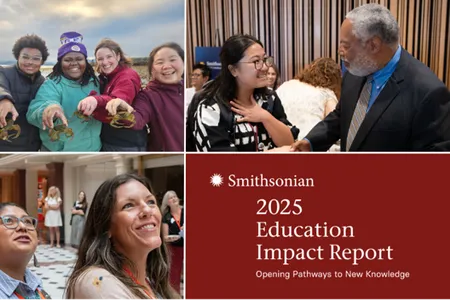 Five educators standing on a beach in Alaska hold up crabs found during a Smithsonian Classroom Cultivation workshop. Smithsonian Secretary Lonnie G. Bunch III shakes hands with an educator at the 2025 Smithsonian National Education Summit.