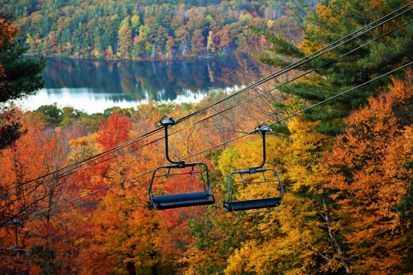 Ski Lifts Surrounded by Fall Foliage thumbnail
