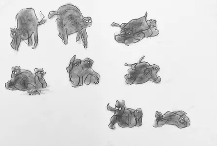 Abstract shapes of glowing-eyed cats would play and pose on top of five or six pedestals along the bridge. 