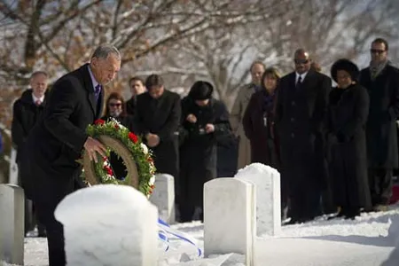 NASA Administrator Charles Bolden and other NASA personnel participate in a wreath laying ceremony as part of NASA's Day of Remembrance, Thursday, Jan. 27, 2011, at Arlington National Cemetery.  Wreathes were laid in memory of those men and women who lost their lives in the quest for space exploration.  Photo Credit: (NASA/Bill Ingalls)