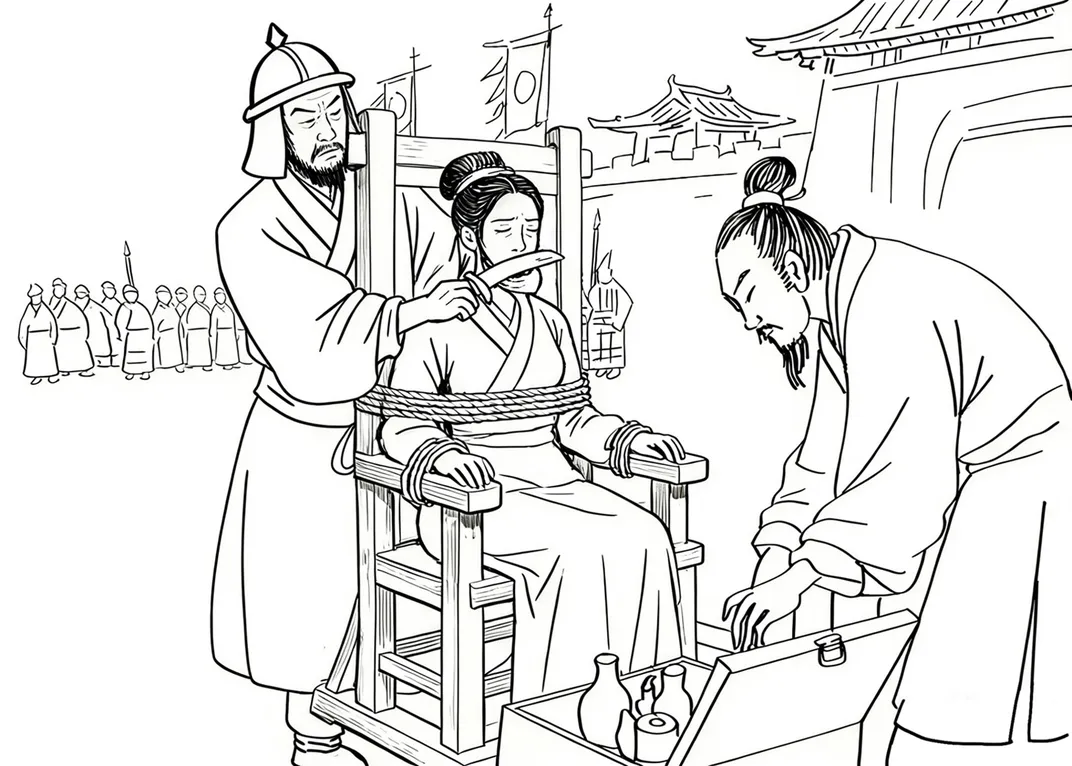 An illustration of a woman having her nose sliced off while she's tied to a chair