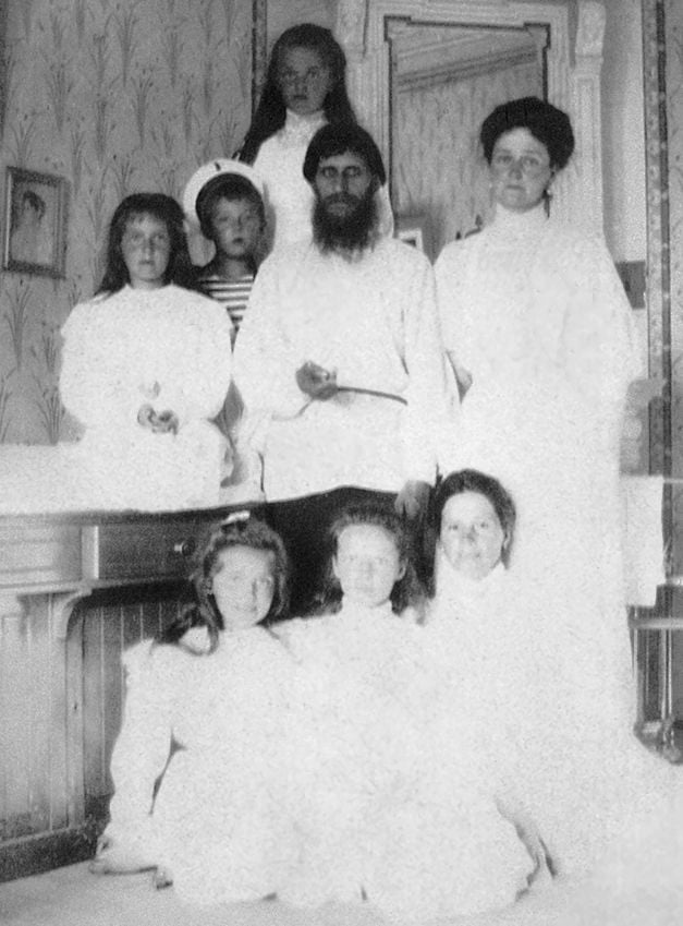 Rasputin with Alexandra and her five children, Olga, Tatiana, Maria, Anastasia and Alexei