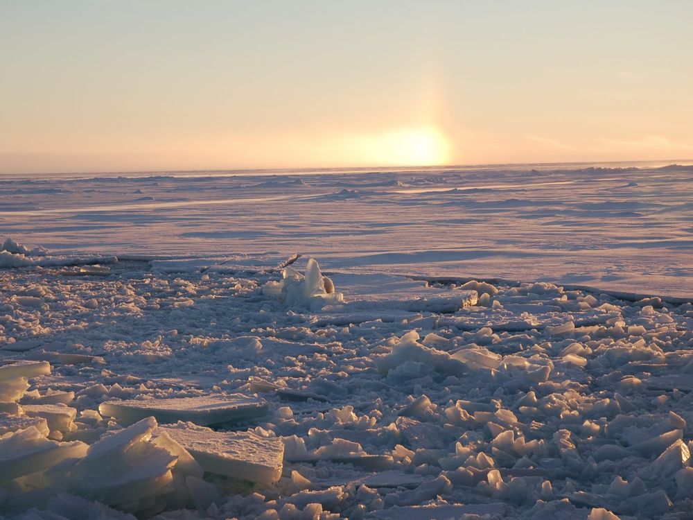 An image of sea ice in the Canadian Arctic Archipelago. The sun is setting in the background.