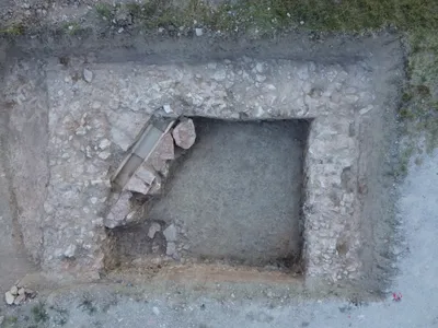 An aerial view of the temple walls unearthed north of Rome
