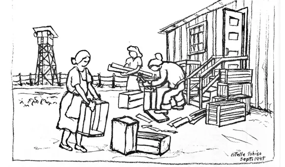 Making crates to leave the camp, September 1945, Heart Mountain, Wyoming. (Illustration by Estelle Ishigo, courtesy Estelle Ishigo Collection, Heart Mountain Wyoming Foundation. Gift of Bacon Sakatani in Memory of Arthur and Estelle Ishigo)