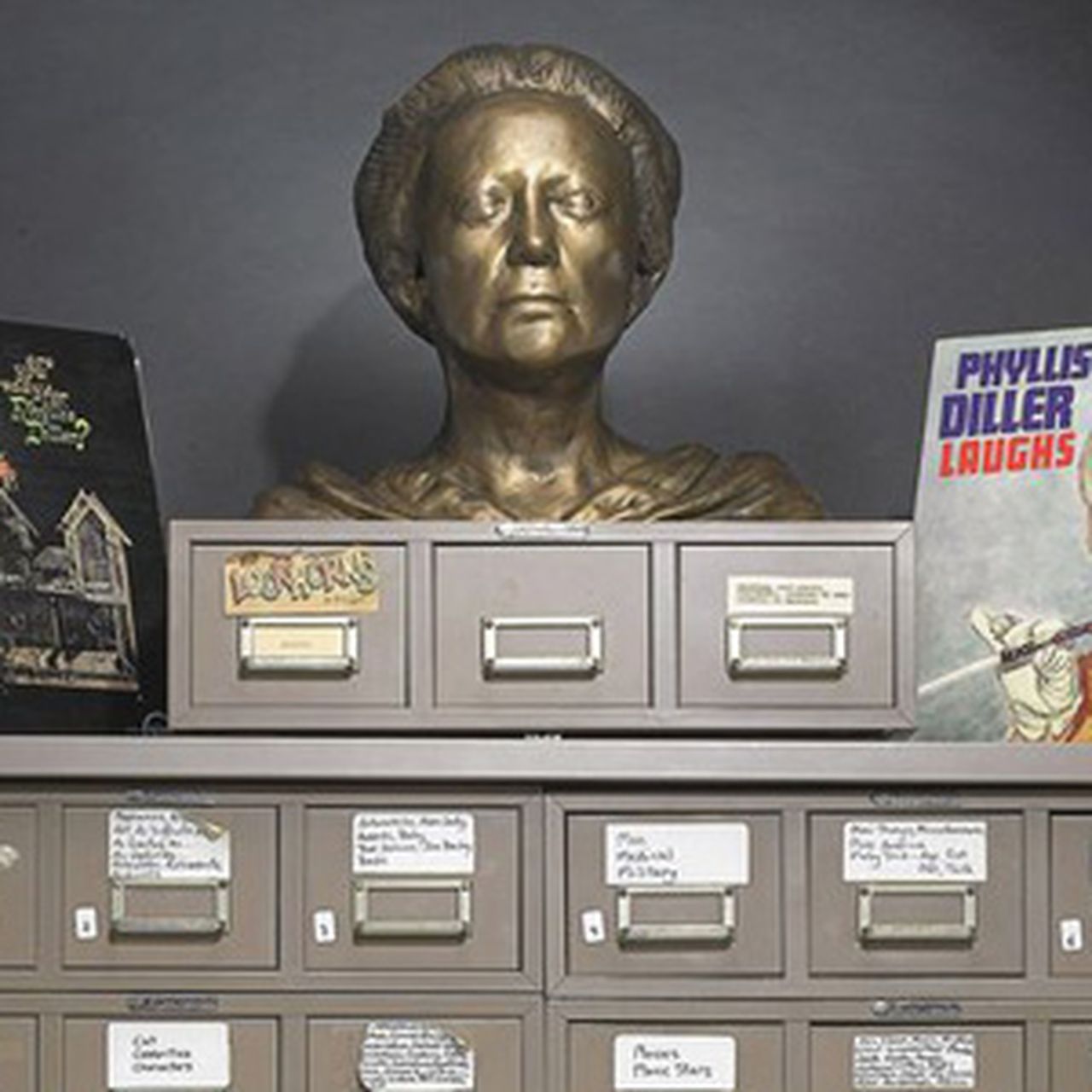 phyllis diller cigarette holder with Wood Print by Everett Comic Phyllis Diller's Cabinet Keeps