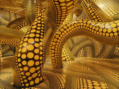 Yayoi Kusama&#39;s The&nbsp;Hope of the Polka Dots Buried in Infinity Will Eternally Cover the Universe (2019) is just one of the roughly 200 works on view during the &quot;Yayoi Kusama&quot; retrospective at the National Gallery of Victoria in Melbourne.