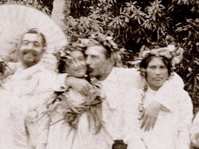 What could be the only photos of Paul Gauguin and his Tahitian muse have surfaced. Gauguin is at the center of this photo, kissing a woman that could be his mistress Pahura.